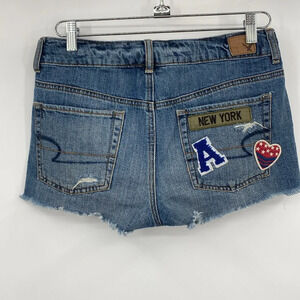 American Eagle Outfitters Booty Shorts Women Sz 6 Blue Patches Distressed Denim